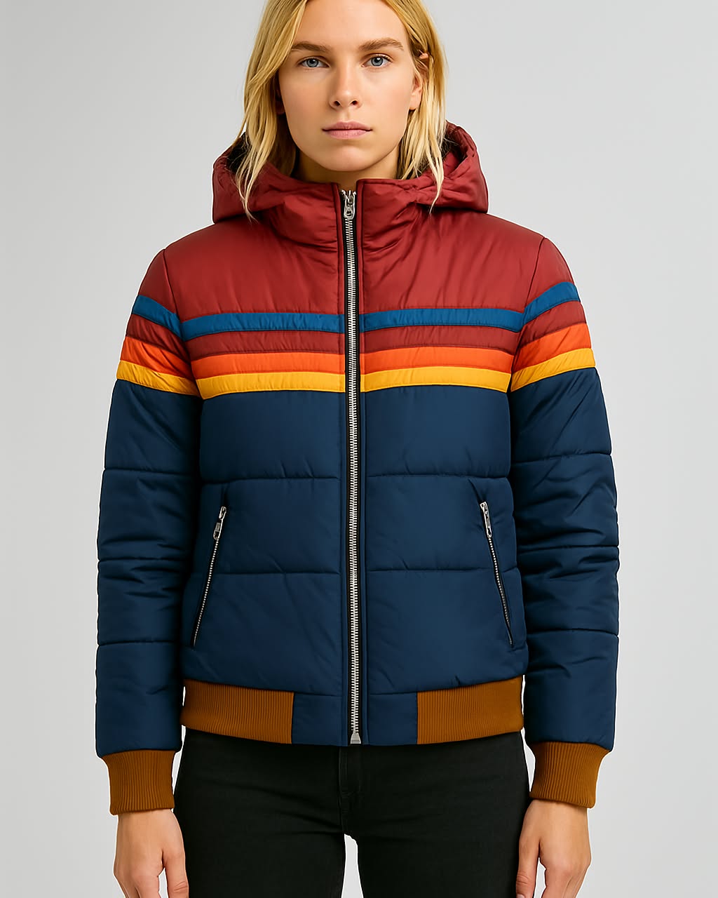 Hooded Puffer Jacket Women's Navy Retro Striped – Casual, Winter, Warm, Gift · Faylori