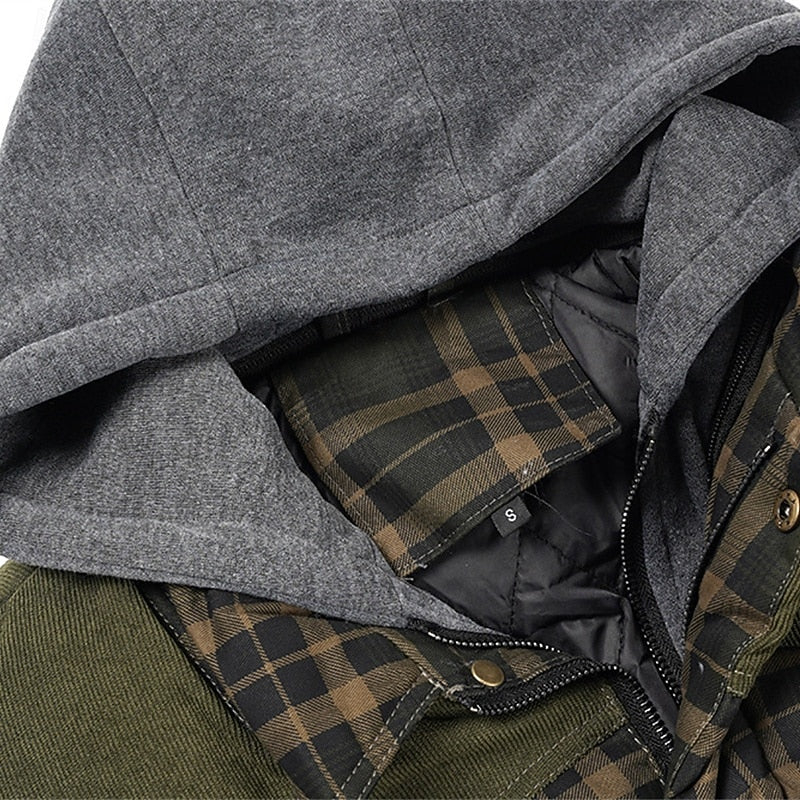 Hooded Quilted Gilet Men's Plaid Padded Vest with Corduroy Shoulders – Casual, Winter Outdoor Layering