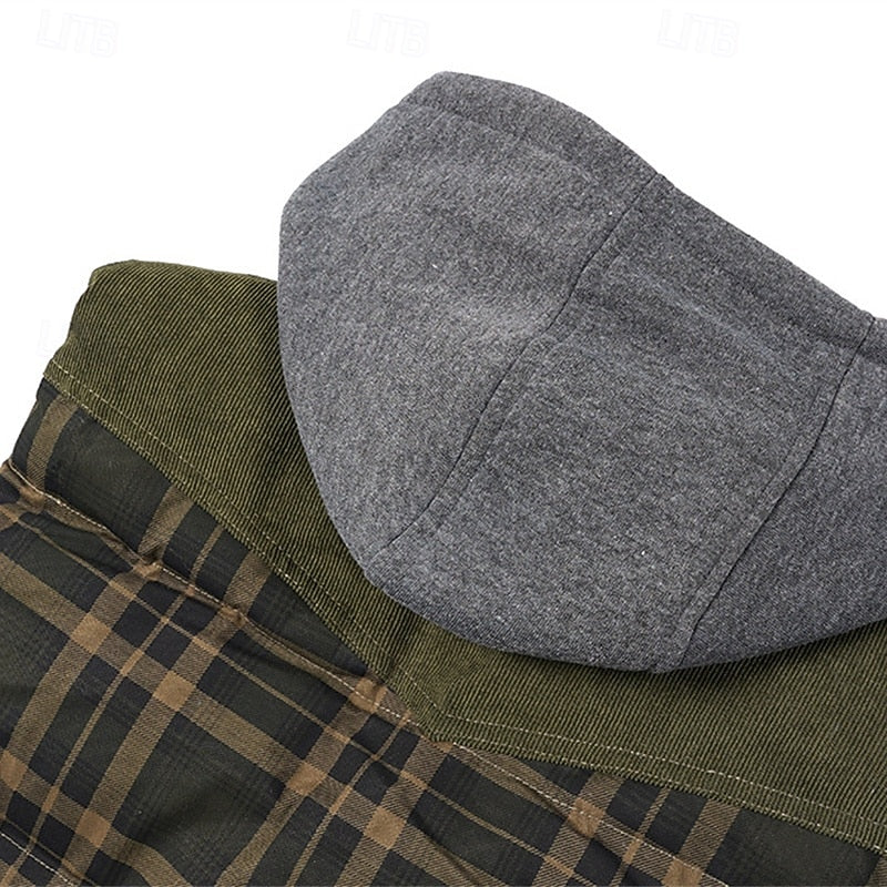 Hooded Quilted Gilet Men's Plaid Padded Vest with Corduroy Shoulders – Casual, Winter Outdoor Layering