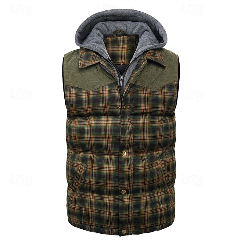 Hooded Quilted Gilet Men's Plaid Padded Vest with Corduroy Shoulders – Casual, Winter Outdoor Layering