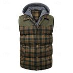 Hooded Quilted Gilet Men's Plaid Padded Vest with Corduroy Shoulders – Casual, Winter Outdoor Layering