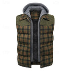 Hooded Quilted Gilet Men's Plaid Padded Vest with Corduroy Shoulders – Casual, Winter Outdoor Layering