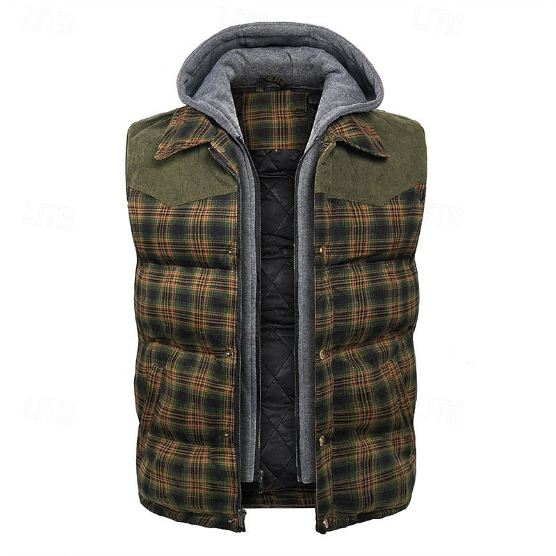 Hooded Quilted Gilet Men's Plaid Padded Vest with Corduroy Shoulders – Casual, Winter Outdoor Layering