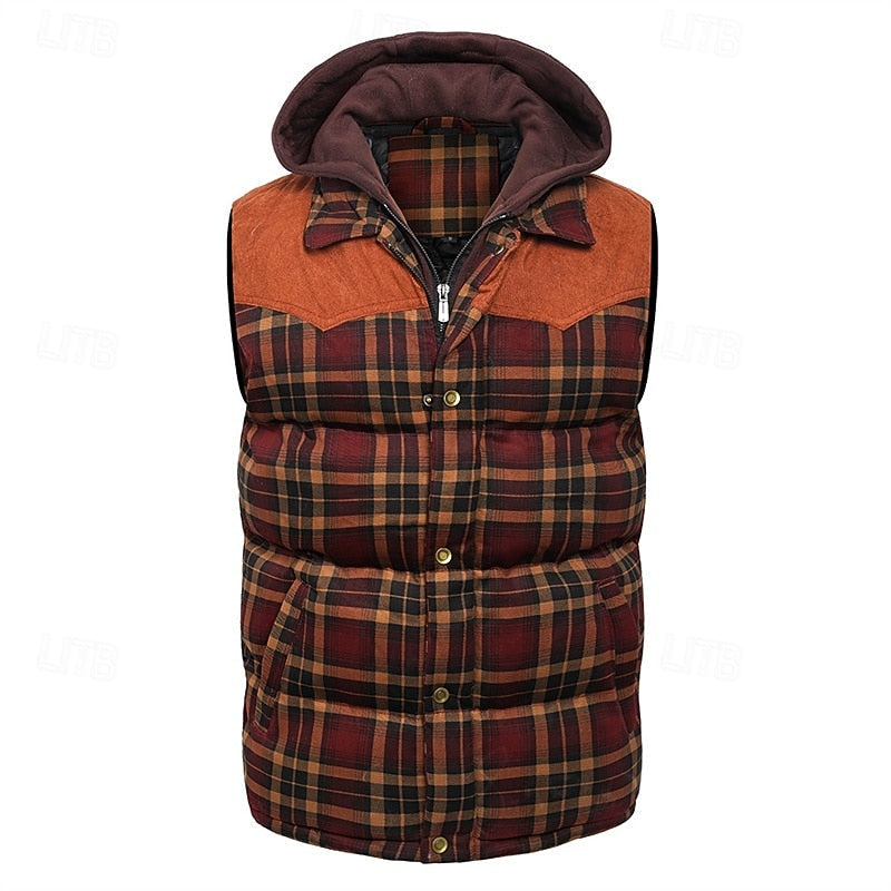 Hooded Quilted Gilet Men's Plaid Padded Vest with Corduroy Shoulders – Casual, Winter Outdoor Layering