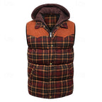 Hooded Quilted Gilet Men's Plaid Padded Vest with Corduroy Shoulders – Casual, Winter Outdoor Layering