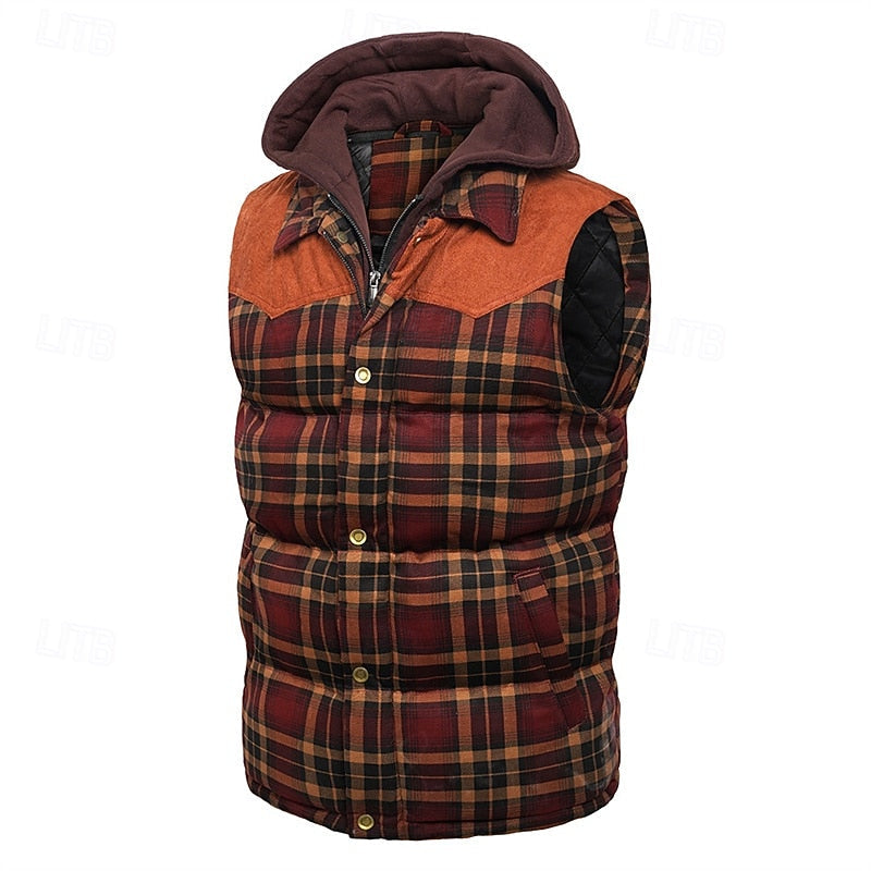 Hooded Quilted Gilet Men's Plaid Padded Vest with Corduroy Shoulders – Casual, Winter Outdoor Layering