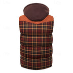 Hooded Quilted Gilet Men's Plaid Padded Vest with Corduroy Shoulders – Casual, Winter Outdoor Layering