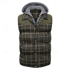Hooded Quilted Gilet Men's Plaid Padded Vest with Corduroy Shoulders – Casual, Winter Outdoor Layering