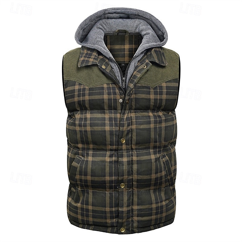 Hooded Quilted Gilet Men's Plaid Padded Vest with Corduroy Shoulders – Casual, Winter Outdoor Layering