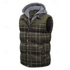 Hooded Quilted Gilet Men's Plaid Padded Vest with Corduroy Shoulders – Casual, Winter Outdoor Layering