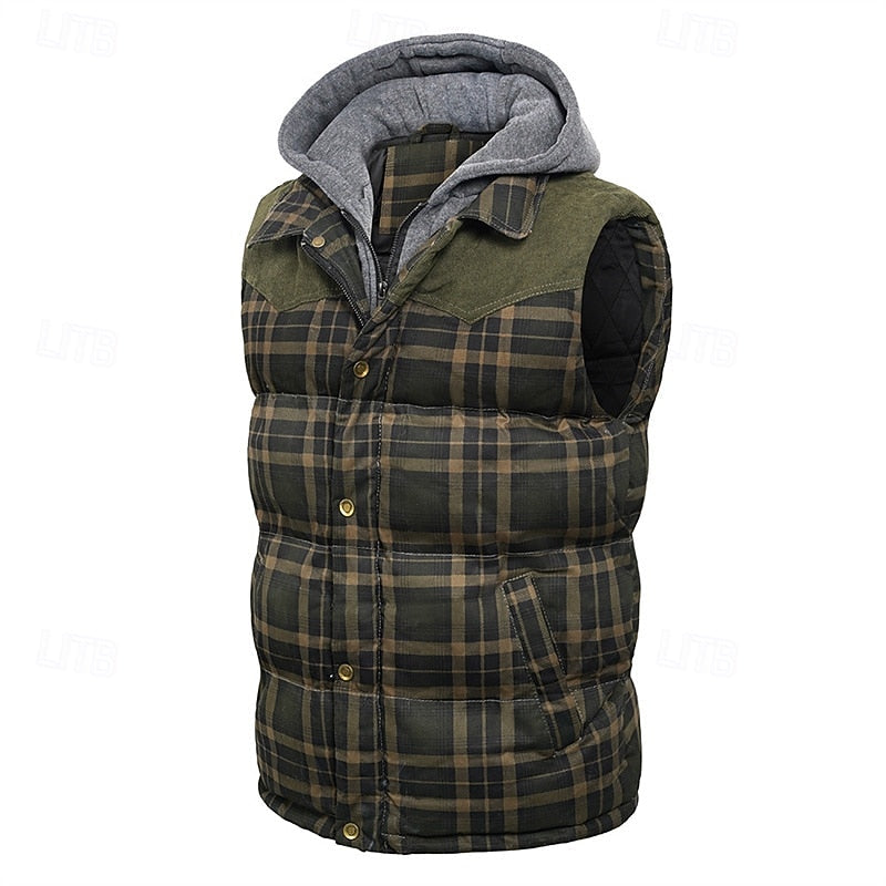 Hooded Quilted Gilet Men's Plaid Padded Vest with Corduroy Shoulders – Casual, Winter Outdoor Layering