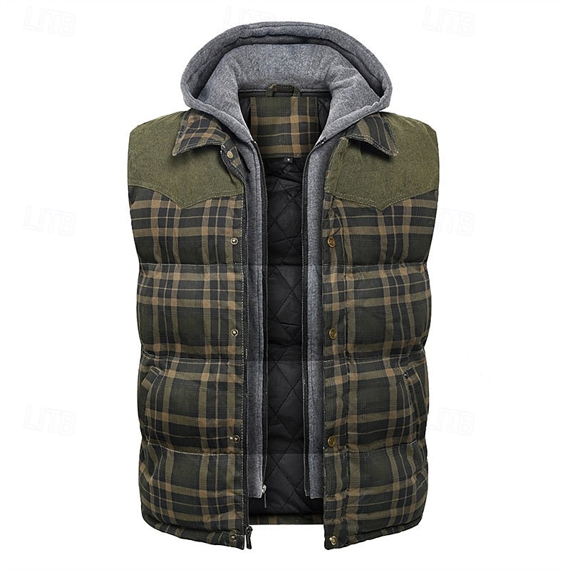 Hooded Quilted Gilet Men's Plaid Padded Vest with Corduroy Shoulders – Casual, Winter Outdoor Layering