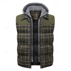 Hooded Quilted Gilet Men's Plaid Padded Vest with Corduroy Shoulders – Casual, Winter Outdoor Layering