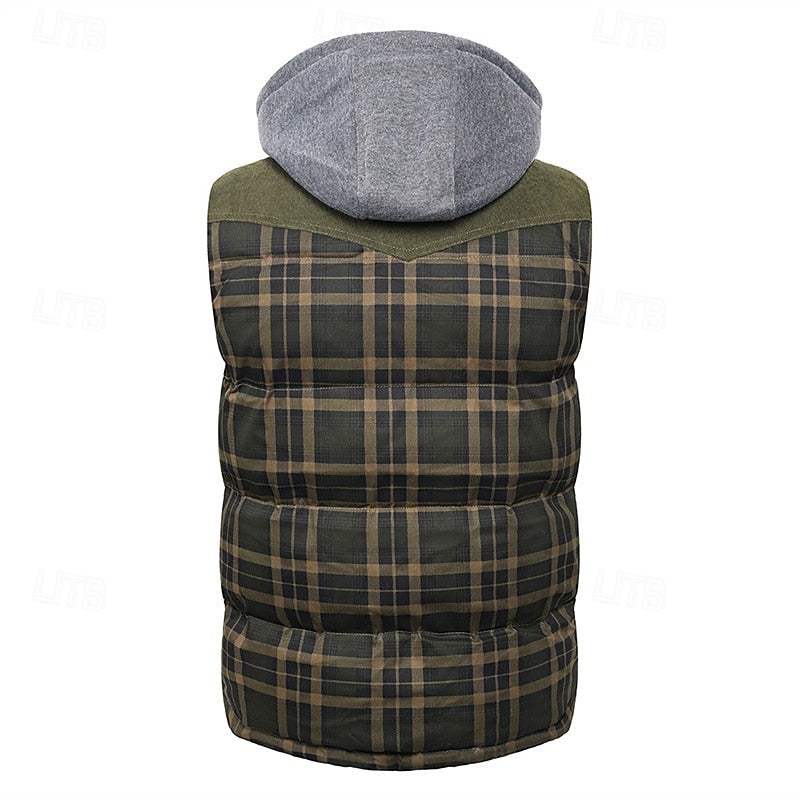 Hooded Quilted Gilet Men's Plaid Padded Vest with Corduroy Shoulders – Casual, Winter Outdoor Layering