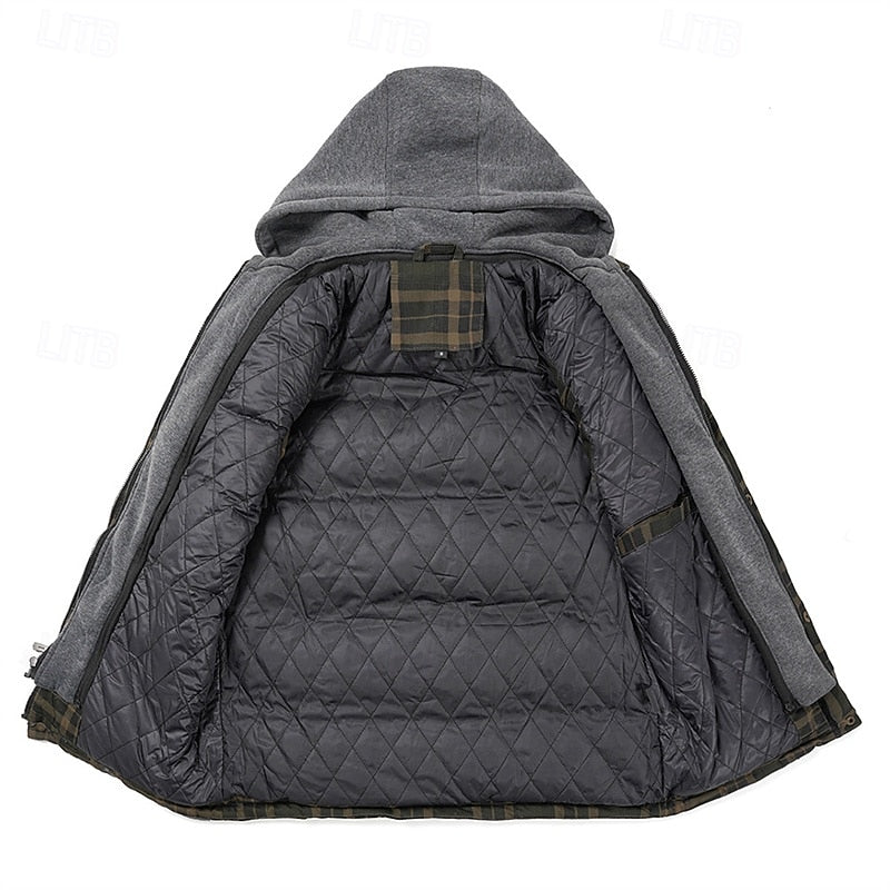 Hooded Quilted Gilet Men's Plaid Padded Vest with Corduroy Shoulders – Casual, Winter Outdoor Layering