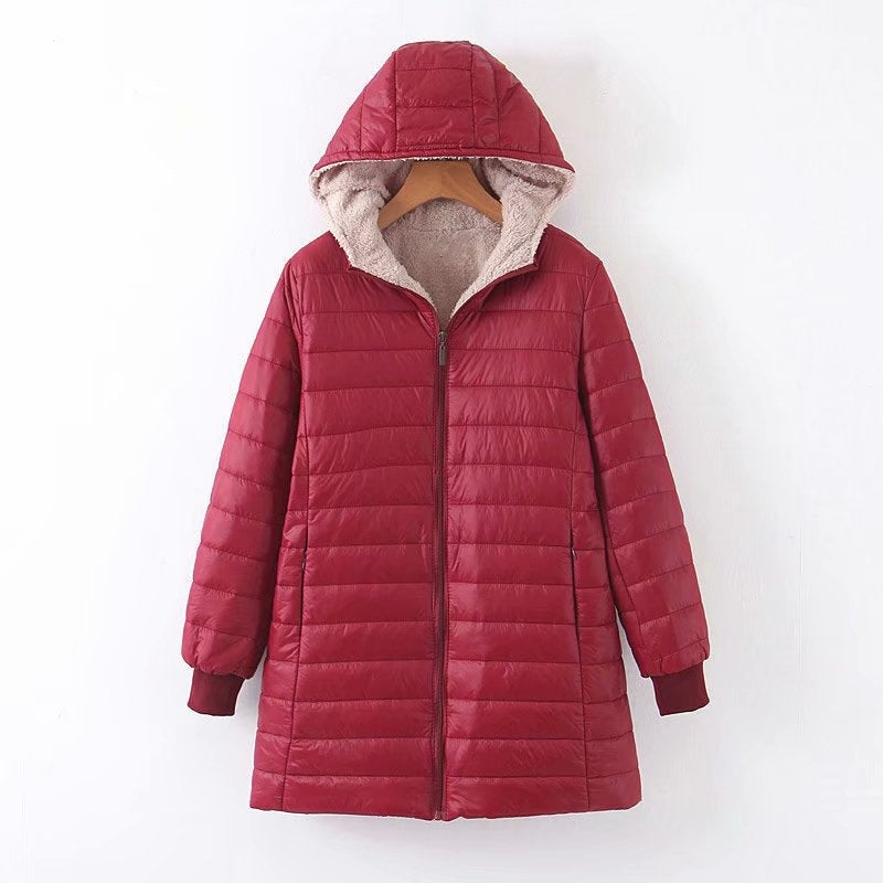 Hooded Quilted Parka Women's Fleece-Lined Navy Long Coat – Casual, Winter, Office, Gift