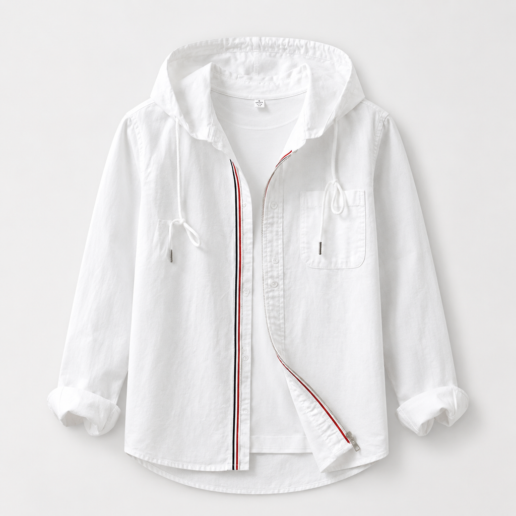 Hooded Shirt Jacket Men's Cotton Zip-Up Light Blue Long Sleeve – Casual, Everyday