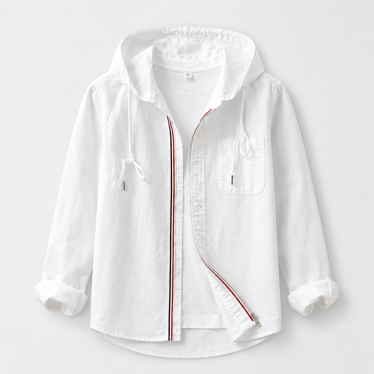 Hooded Shirt Jacket Men's Cotton Zip-Up Light Blue Long Sleeve – Casual, Everyday