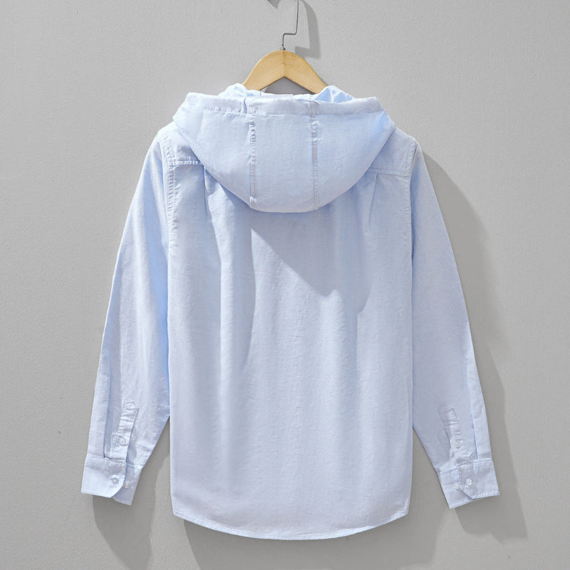 Hooded Shirt Jacket Men's Cotton Zip-Up Light Blue Long Sleeve – Casual, Everyday