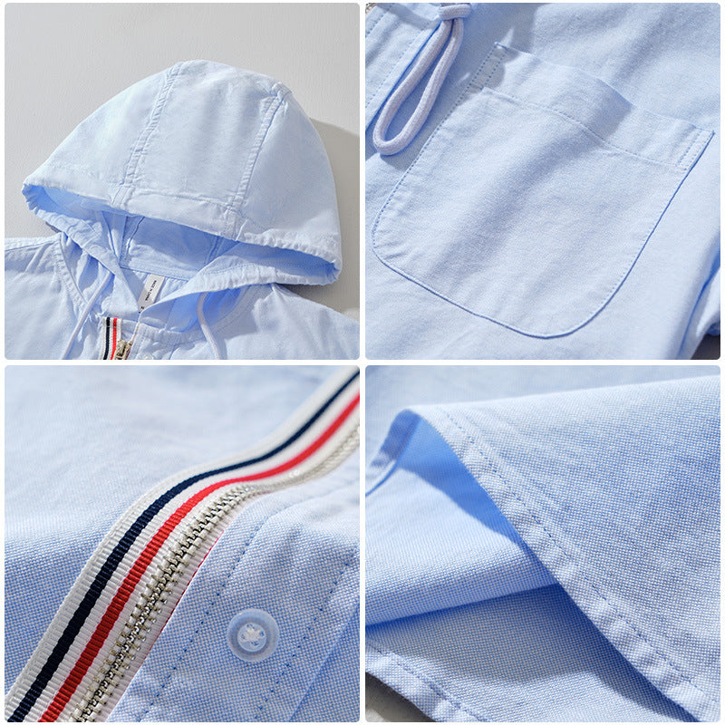 Hooded Shirt Jacket Men's Cotton Zip-Up Light Blue Long Sleeve – Casual, Everyday