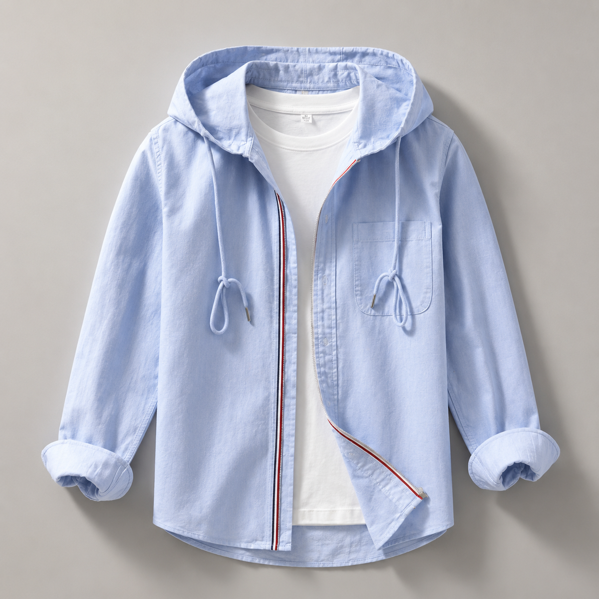 Hooded Shirt Jacket Men's Cotton Zip-Up Light Blue Long Sleeve – Casual, Everyday