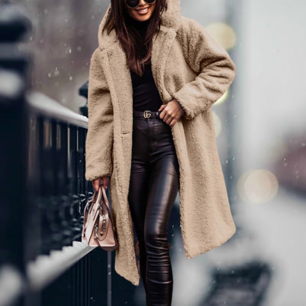 Hooded Teddy Coat Women's Long Fleece Navy Relaxed Fit – Casual, Winter, Office, Gift
