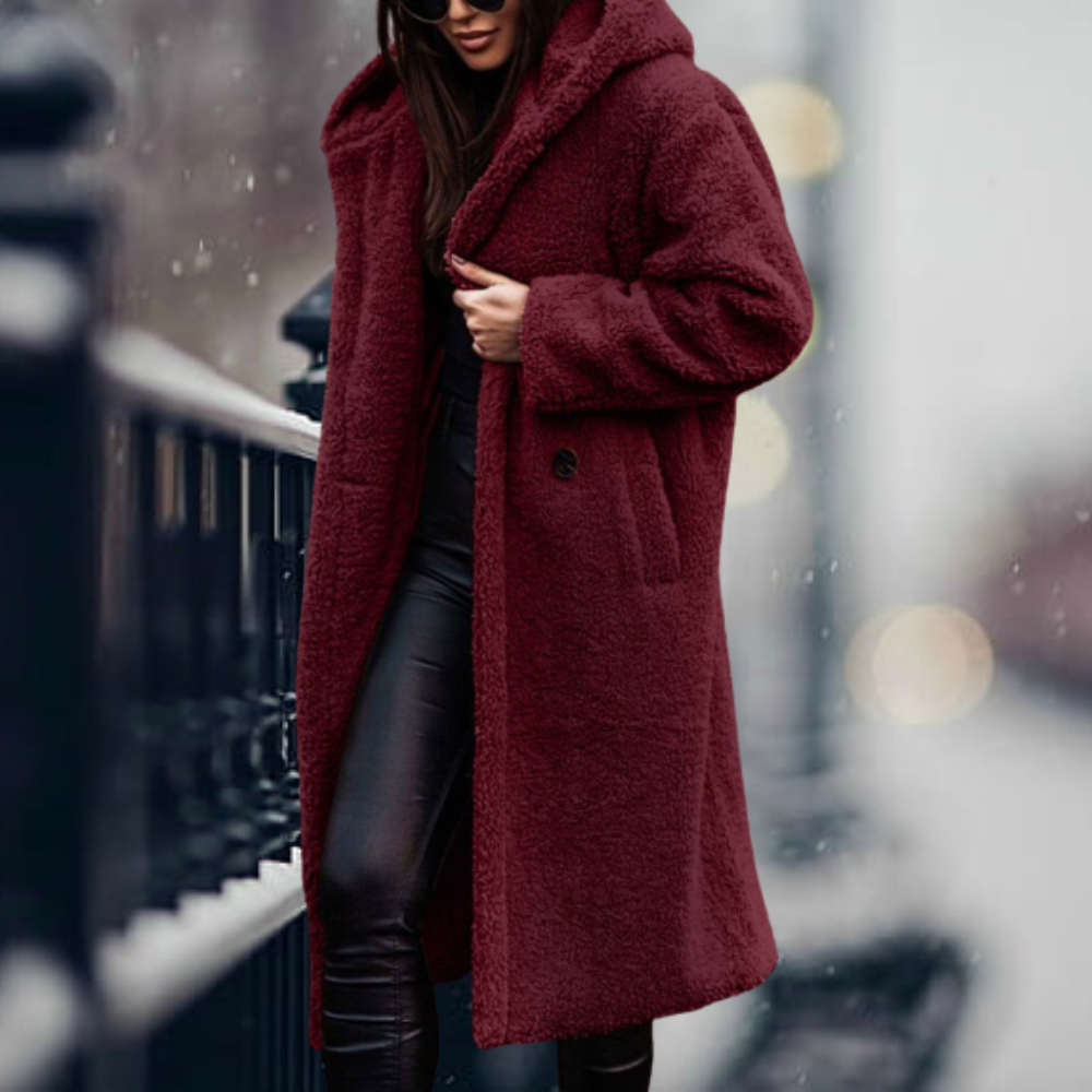 Hooded Teddy Coat Women's Long Fleece Navy Relaxed Fit – Casual, Winter, Office, Gift