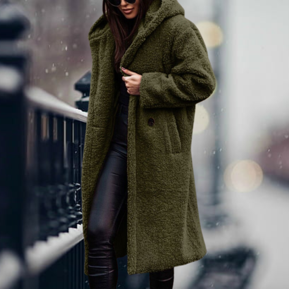 Hooded Teddy Coat Women's Long Fleece Navy Relaxed Fit – Casual, Winter, Office, Gift