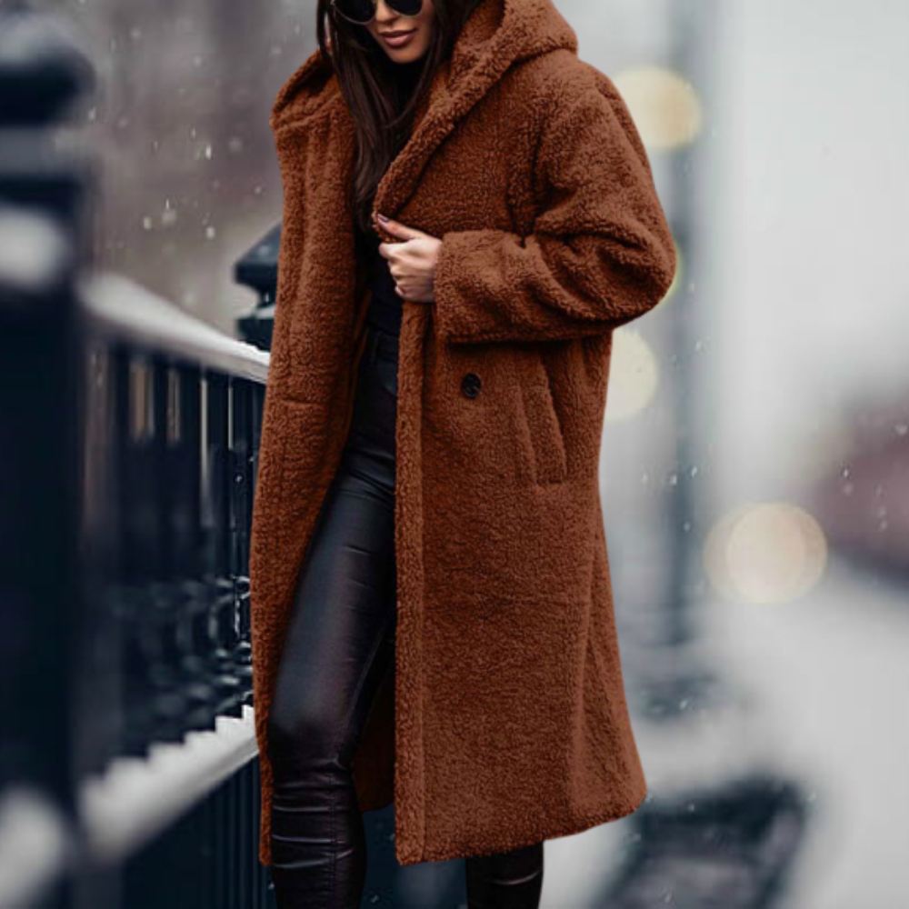 Hooded Teddy Coat Women's Long Fleece Navy Relaxed Fit – Casual, Winter, Office, Gift