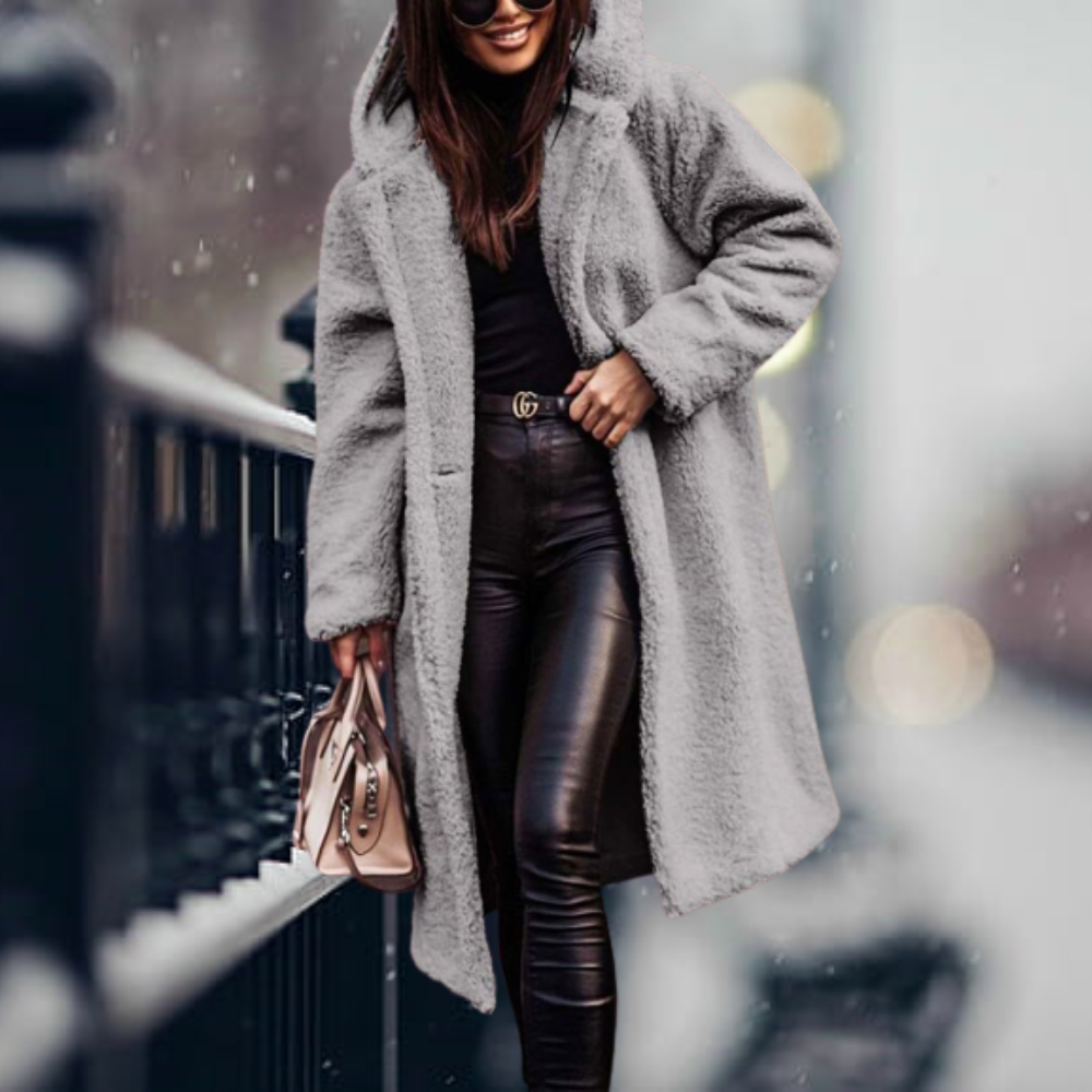 Hooded Teddy Coat Women's Long Fleece Navy Relaxed Fit – Casual, Winter, Office, Gift