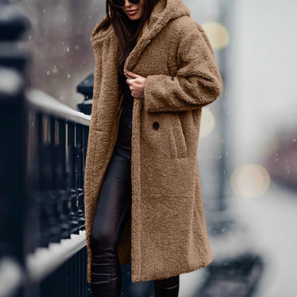 Hooded Teddy Coat Women's Long Fleece Navy Relaxed Fit – Casual, Winter, Office, Gift