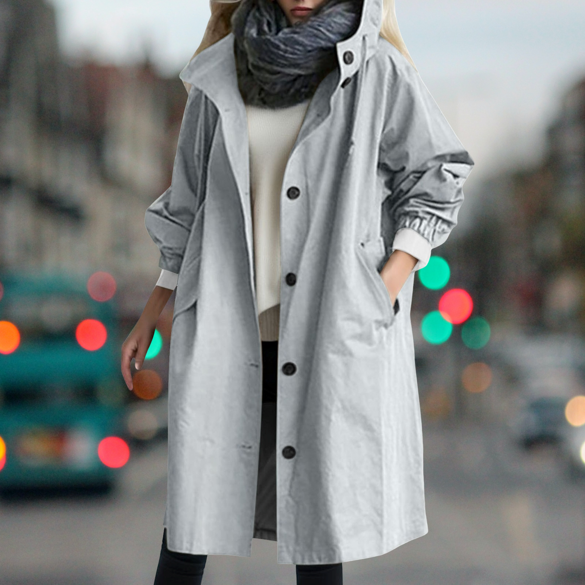 Hooded Trench Coat Women's Button-Front Long Jacket with Pockets – Casual, Office