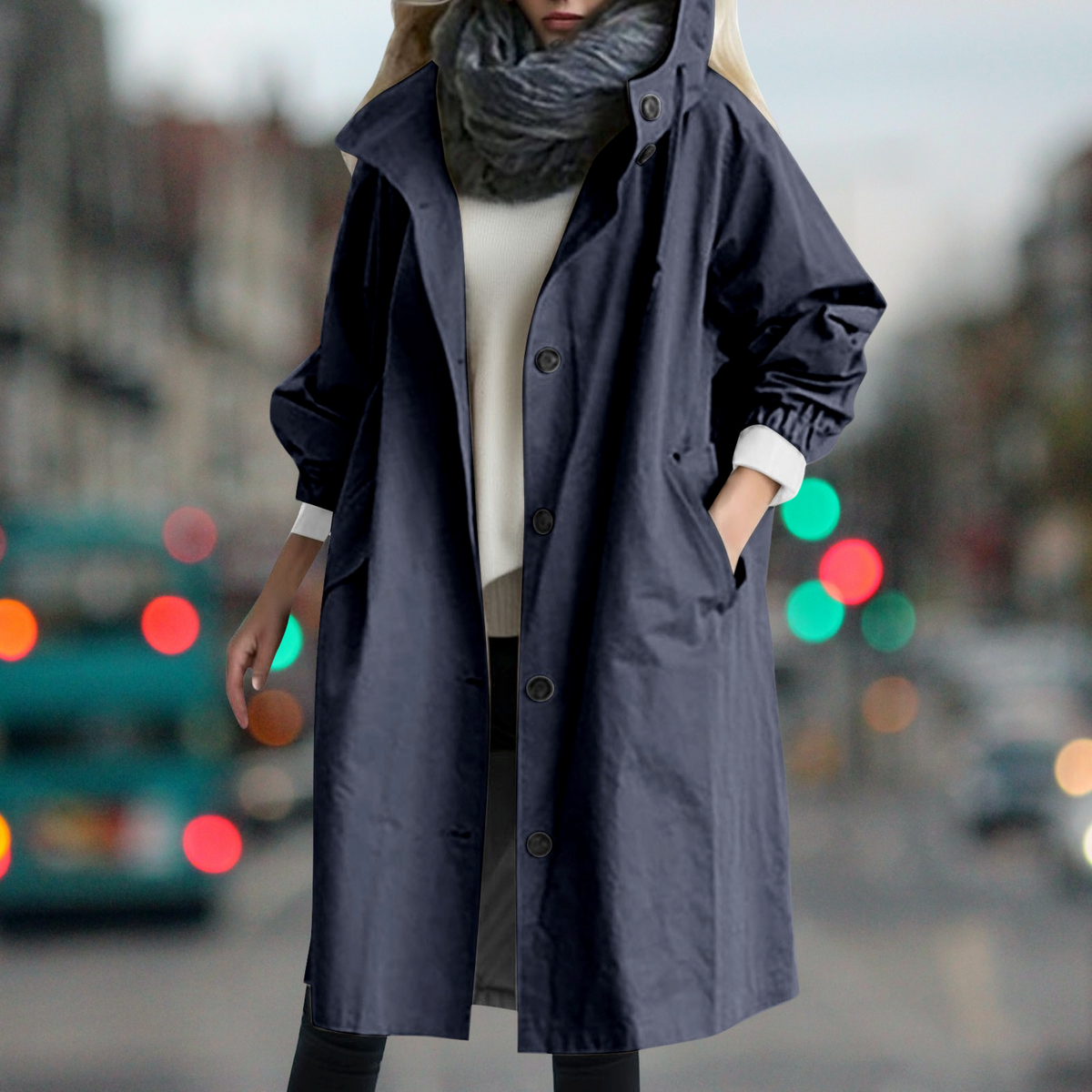 Hooded Trench Coat Women's Button-Front Long Jacket with Pockets – Casual, Office