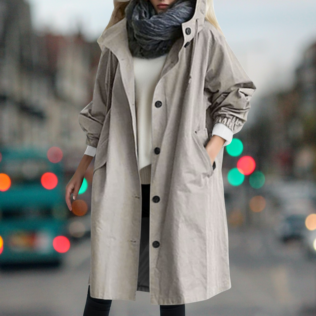 Hooded Trench Coat Women's Button-Front Long Jacket with Pockets – Casual, Office