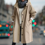 Hooded Trench Coat Women's Button-Front Long Jacket with Pockets – Casual, Office