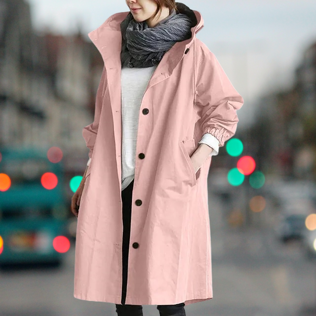 Hooded Trench Coat Women's Button-Front Long Jacket with Pockets – Casual, Office