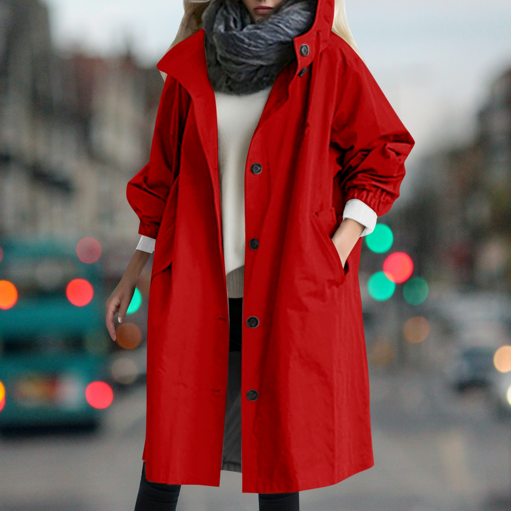 Hooded Trench Coat Women's Button-Front Long Jacket with Pockets – Casual, Office