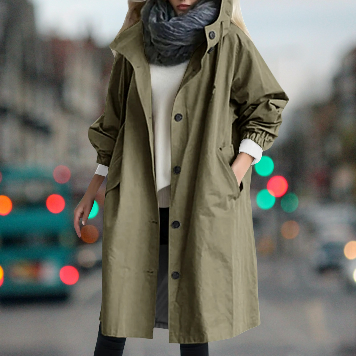 Hooded Trench Coat Women's Button-Front Long Jacket with Pockets – Casual, Office