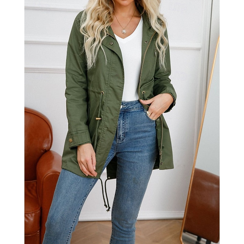 Hooded Utility Coat Women's Army Green Zip-Up Drawstring Jacket – Casual, Office, Holiday, Gift