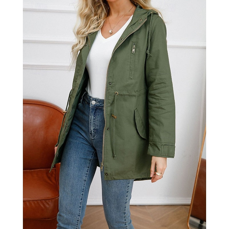 Hooded Utility Coat Women's Army Green Zip-Up Drawstring Jacket – Casual, Office, Holiday, Gift