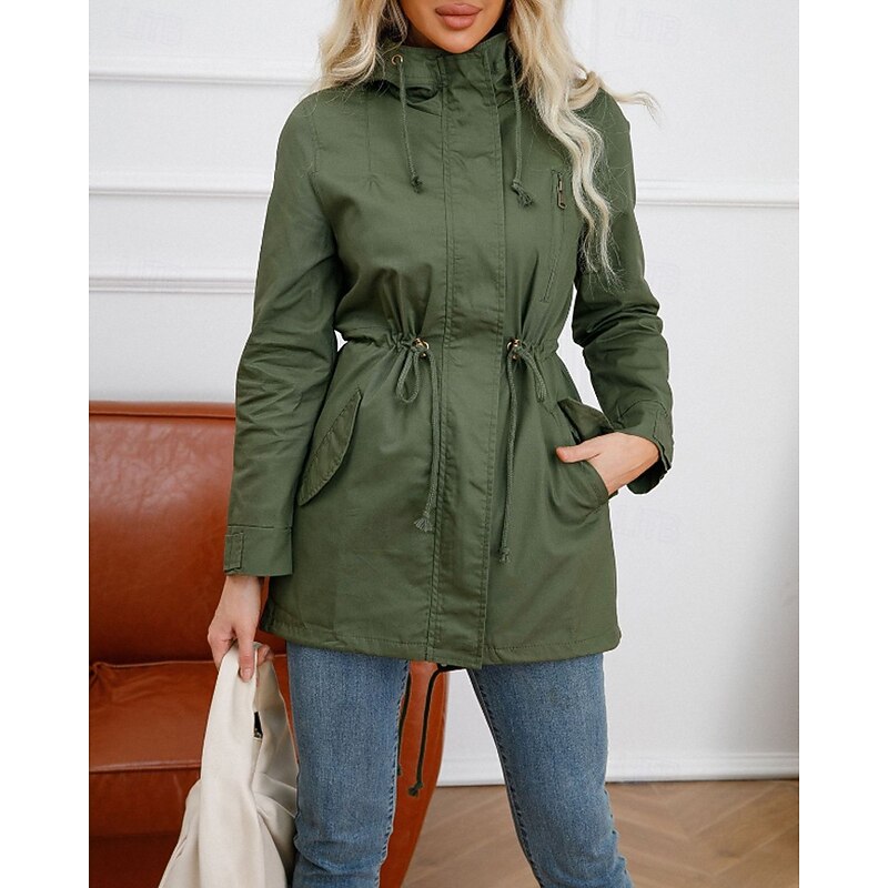 Hooded Utility Coat Women's Army Green Zip-Up Drawstring Jacket – Casual, Office, Holiday, Gift