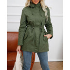 Hooded Utility Coat Women's Army Green Zip-Up Drawstring Jacket – Casual, Office, Holiday, Gift