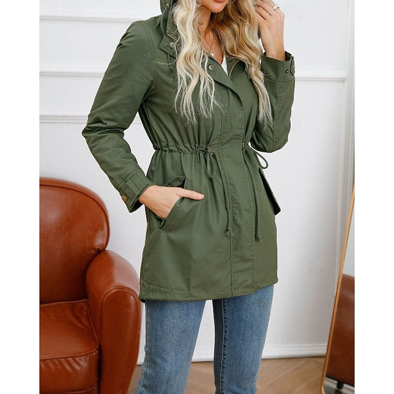 Hooded Utility Coat Women's Army Green Zip-Up Drawstring Jacket – Casual, Office, Holiday, Gift