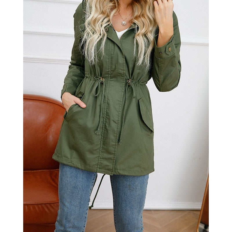 Hooded Utility Coat Women's Army Green Zip-Up Drawstring Jacket – Casual, Office, Holiday, Gift