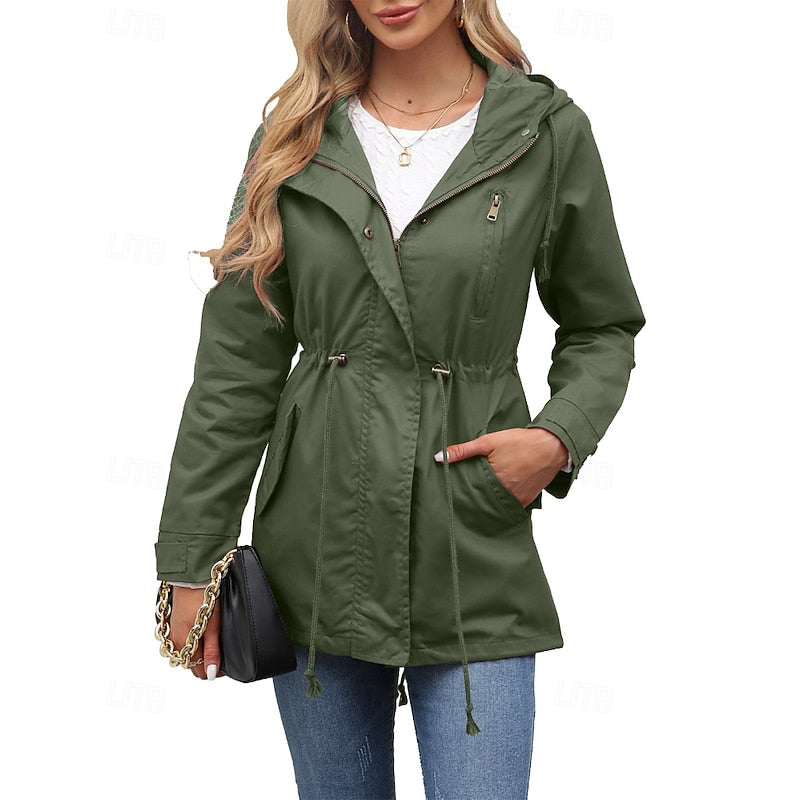 Hooded Utility Coat Women's Army Green Zip-Up Drawstring Jacket – Casual, Office, Holiday, Gift