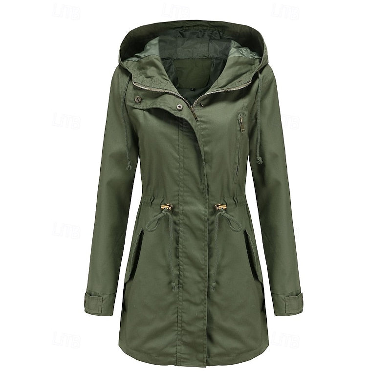 Hooded Utility Coat Women's Army Green Zip-Up Drawstring Jacket – Casual, Office, Holiday, Gift