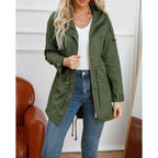 Hooded Utility Coat Women's Army Green Zip-Up Drawstring Jacket – Casual, Office, Holiday, Gift