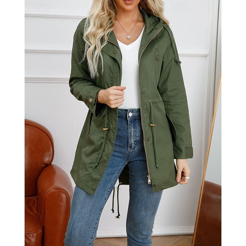Hooded Utility Coat Women's Army Green Zip-Up Drawstring Jacket – Casual, Office, Holiday, Gift