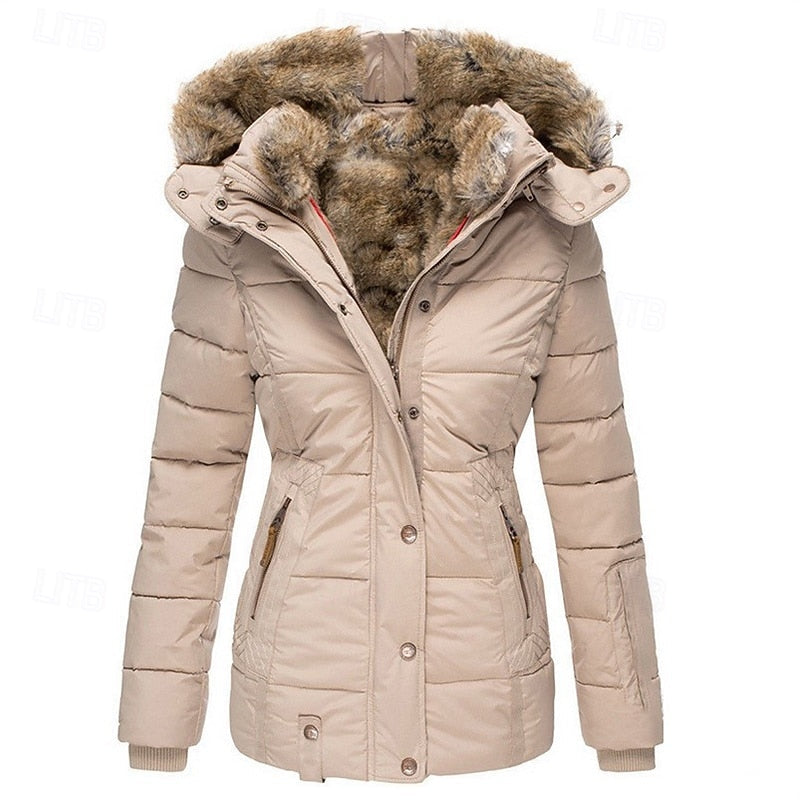 Hooded Winter Jacket Women's Faux Fur Trim Black Padded Parka Coat – Casual, Warm Outdoor Wear