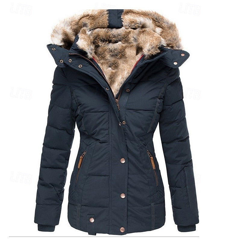 Hooded Winter Jacket Women's Faux Fur Trim Black Padded Parka Coat – Casual, Warm Outdoor Wear